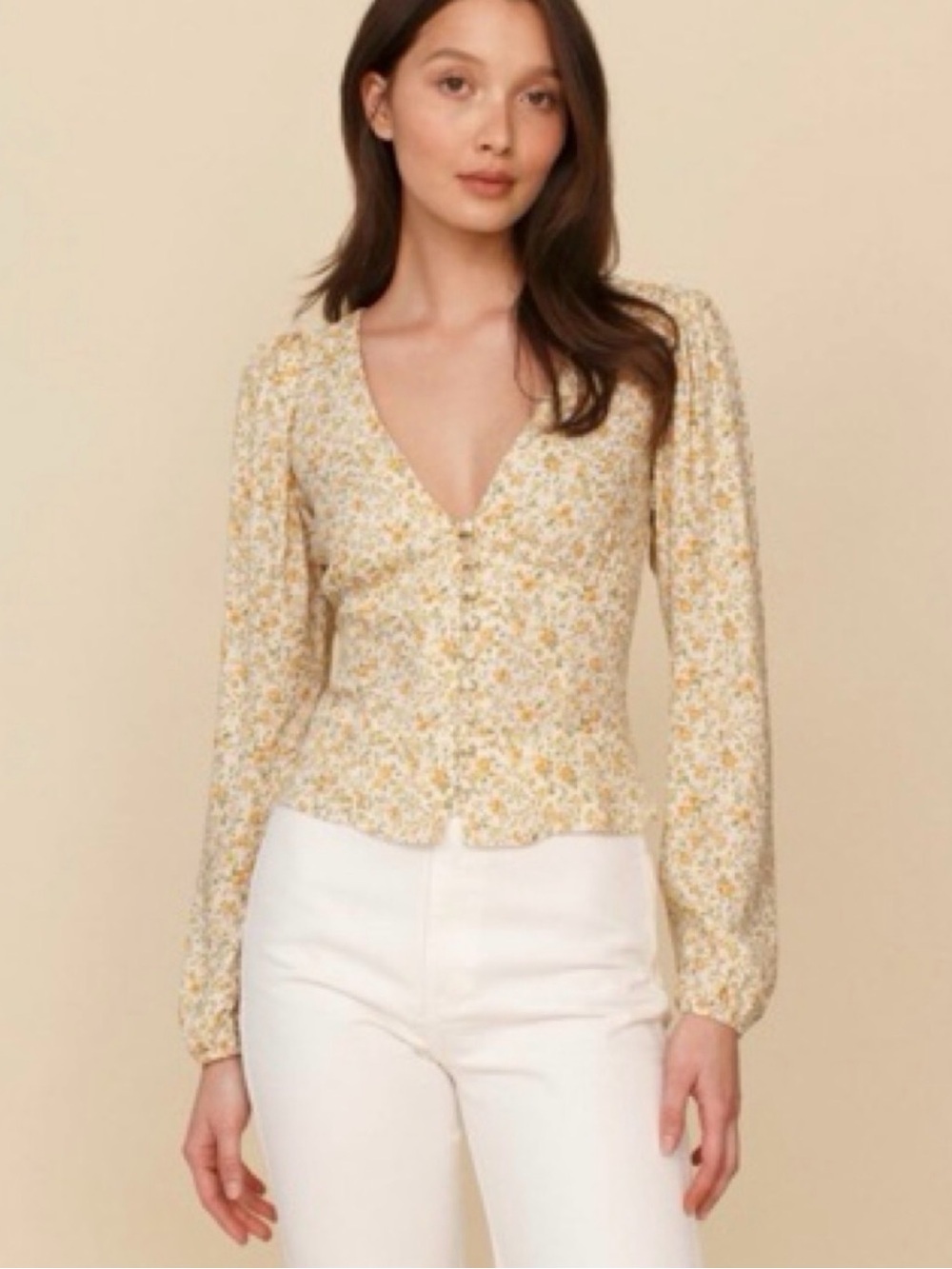 Reformation Yellow Floral Button-Front V-Neck Blouse